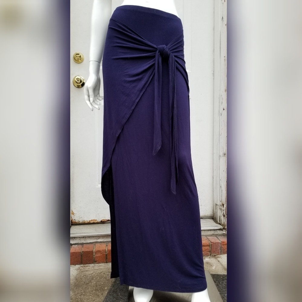 Navy Tie Maxi Skirt with Slit